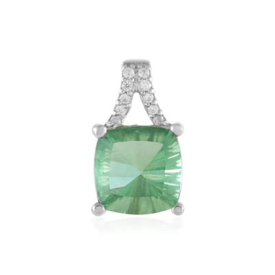 Cavill - Elegante Hanger - 925 Sterling Zilver Platina Gepl. - 2,449 ct Groene Fluoriet - Antiek Kussen Slijpsel + 10 Zirkonia