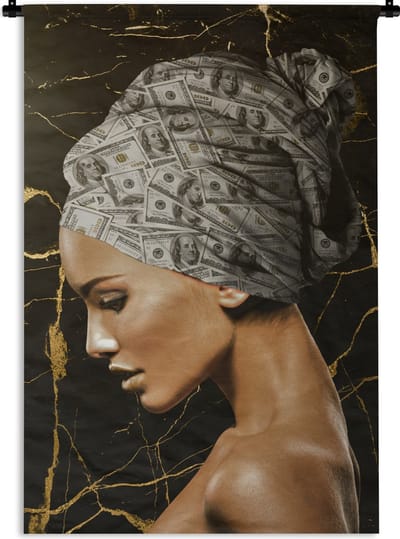 Wandkleed - Wanddoek - Vrouw - Hoofddoek - Bankbiljetten - 120x180 cm - Wandtapijt