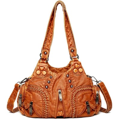Retro Street Design Dames Schoudertas Liefde Knop Klinknagels Grote Capaciteit Hand Draagtas Dubbele Laag Multi Rits brown