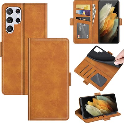 MobyDefend Hoesje - Geschikt voor Samsung Galaxy S22 Ultra - Luxe Wallet Book Case (Sluiting Zijkant) - Lichtbruin