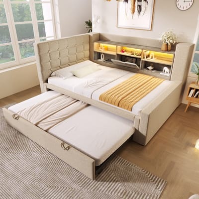 Sweiko Gestoffeerd bed - 90x200 cm - Met uitschuifbaar bed - LED-verlichting - Opbergruimte - Linnen stof - Beige