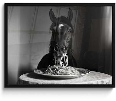 Fotolijst incl. Poster Zwart Wit- Paard - Bord - Pasta - Tafelkleed - Zwart Wit - Dieren - 70x50 cm - Posterlijst