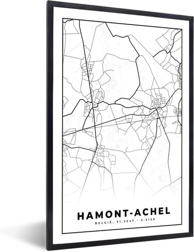 Fotolijst incl. Poster Zwart Wit- Kaart – Plattegrond – Stadskaart – Hamont Achel – België – Zwart Wit - 40x60 cm - Posterlijst