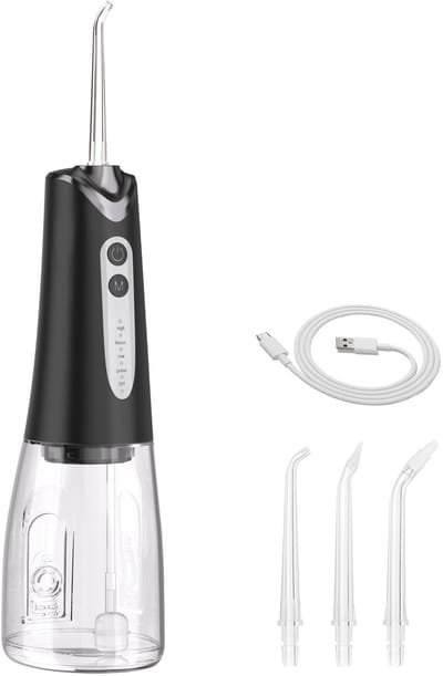 Monddouche - mond douche - Tandenreiniging - Tandvleesverzorging - Draadloze monddouche - Draagbaar met 5 standen - Inhoud: 300 ml - Elektrische tandenreiniger - Met 4 opzetstukken - IPX7 waterdicht - Oplaadbaar via USB-C - Valentijnsdag - zwart