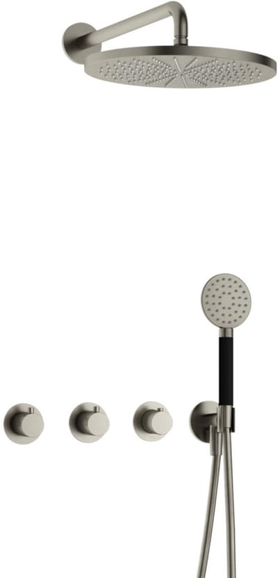 Hotbath Cobber IBS70 inbouw regendoucheset met ronde handdouche aan houder en 30cm ronde hoofddouche aan 40cm wandarm geborsteld nikkel