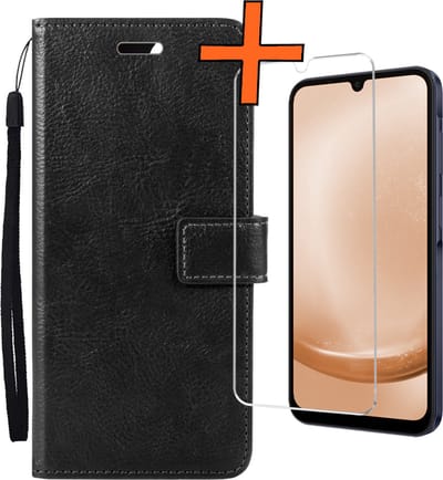 Hoes - Met Screenprotector - Geschikt voor Samsung Galaxy A25 - Luxe Pasjeshouder - Bookcase Portemonee - Flip Case - Kunstleer Book Case - Flipcase - Book Cover - Walletcase - PortemonneeHoes - Zwart