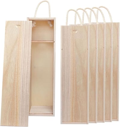 6-Pack Houten Kistjes voor Enkele Fles - Natuurlijk Hout met Touw Hendel