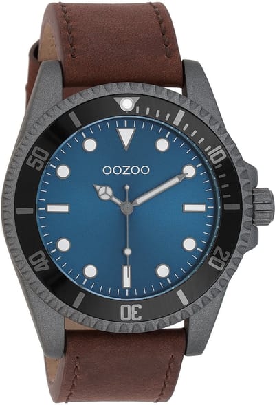 OOZOO Timepieces - Donker grijze horloge met bruine leren band - C11116