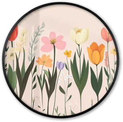 Poster in lijst Rond - Fotolijst 60x60 cm - Posters - Pasteltinten - Bloemen - Illustratie - Ronde posterlijst zwart - Decoratie - Wanddecoratie woonkamer - Muurdecoratie slaapkamer