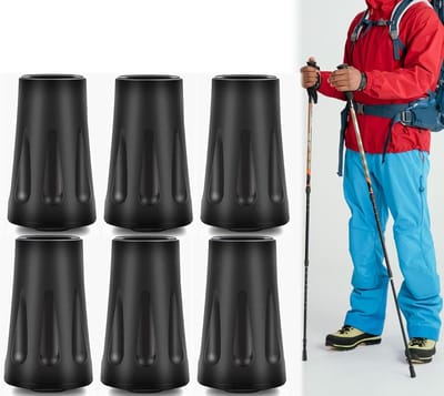 JeiibrZui Voetbeschermers voor wandelstokken - Rubberen voetbeschermers voor wandelstokken - Set van 6, met TPR-demping en anti-kantelbescherming - Zwart