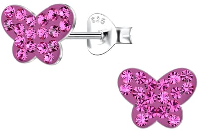Joy|S - Zilveren vlinder oorbellen - 9 x 6 mm - kristalletjes magenta roze - oorknoppen - sterling zilver 925