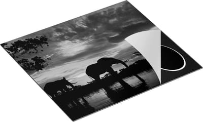 Chefcare Inductie Beschermer Olifanten tijdens Zonsondergang - Silhouet - Zwart Wit - 60x50 cm - Afdekplaat Inductie - Kookplaat Beschermer - Inductie Mat