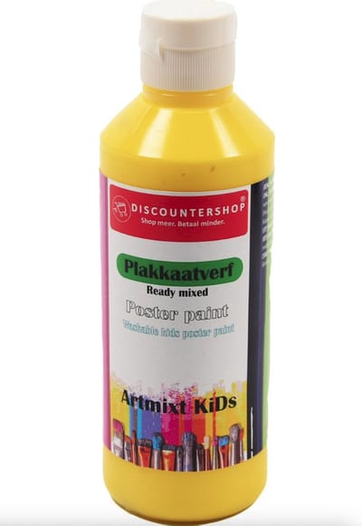 Plakkaat- plakkaatverf Discountershop - Plakkaat verf Basic waterbasis 250 ML - Plakkaatverf kinderen - plakkaatverf uitwasbaar Geel plakkaatverf op hout