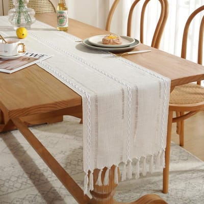 Chemin de table rustique avec pompons, Décoration de table en coton et lin pour fête de fin d'année, Ferme, Mariage et Décor de salle à manger 33x275cm