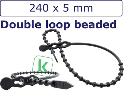 PRO-TIE® - Bundelbanden, Snelbinders Hersluitbaar met dubbele kop, Rattenstaart / Beaded Cable Ties - 240 x 5,0 mm Zwart UV-Bestendig (Zak 100 stuks)