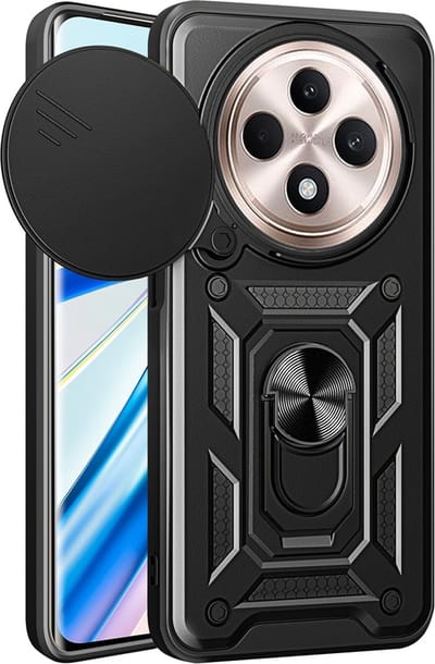 MobyDefend Hoesje - Geschikt voor Oppo Reno12 F - Pantsercase Met Draaibare Ring - Zwart
