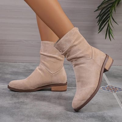 Dames Suède Enkellaarsjes Herfst Nieuwe Mode Dikke Hakken Rits Achteraan Laars Dames Design Chunky Hak Puntig Kort Botas Plus Maat 43 41 kaki