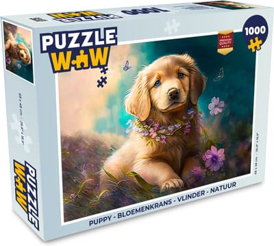 Puzzel Puppy - Bloemenkrans - Vlinder - Hond - Golden retriever - Legpuzzel - Puzzel 1000 stukjes volwassenen