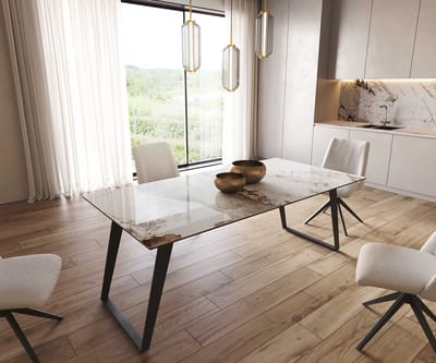 Eetkamertafel Edge keramiek Minas Melange wit-beige 200x100 metaal schuin zwart