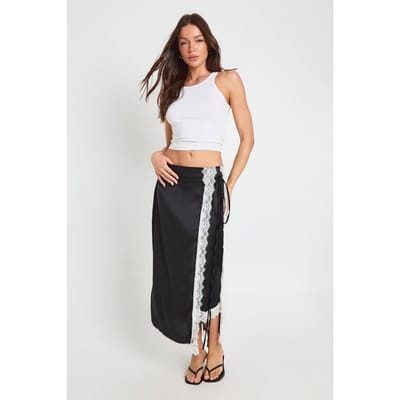 boohoo Dames Satijnen Midaxi Wikkelrok Met Kanten Bies | Zwart | Maat: 36