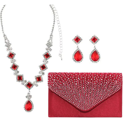 Mode Rode Edelsteen Geometrisch Waterdruppel Ketting Oorbellen Clutch Avondjurk Accessoires Diner Tas Drie Sets rood