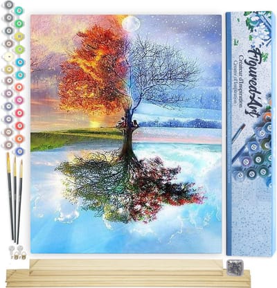 Figured'Art Schilderen op Nummer Volwassenen canvas Boom 4 seizoenen - Handwerk acrylverf Kit DIY Compleet - 40x50cm met DIY houten lijst
