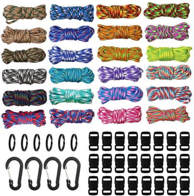 Dailygoods- Paracord Set 24 Kleuren - 24 x 3 m Koorden - 24 Gespen - 6 Sleutelhangers - 4 Karabijnhaken - Doe-het-zelf Accessoires - Touw