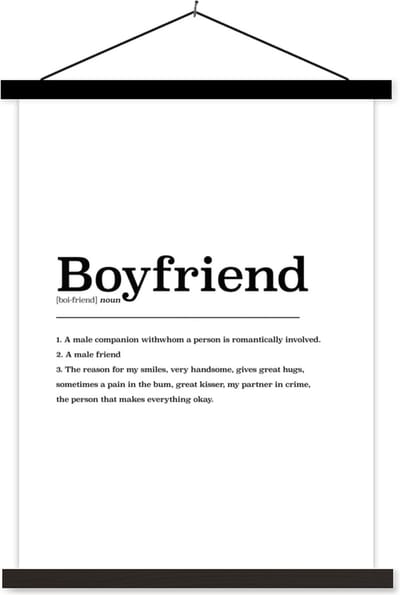 Posterhanger incl. Poster 60x80 cm - Schoolplaat - Vriend definitie - Boyfriend - Woordenboek - Spreuken - Quotes - Textielposter - Zwarte latten