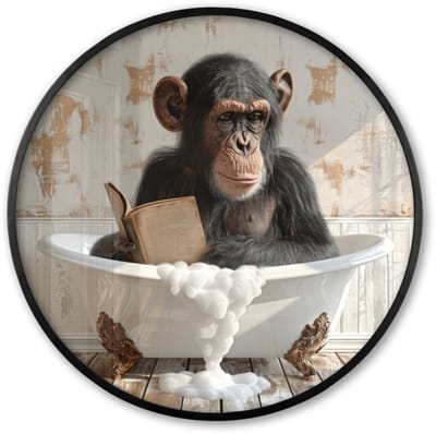 Poster in lijst Rond - Fotolijst 60x60 cm - Posters - Vintage - Aap - Badkuip - Schuim - Dier - Ronde posterlijst zwart - Decoratie - Wanddecoratie woonkamer - Muurdecoratie slaapkamer