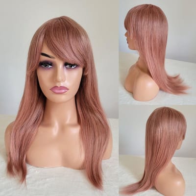 Frazimashop Braziliaanse Remy pruik 24 inch steil roze pruik met pony - real human hair