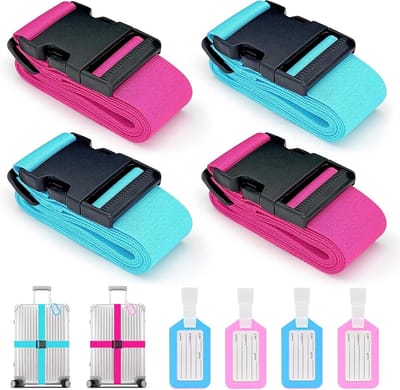Verstelbare Kofferbanden Set van 4, Inclusief Adresplaatje, Ideaal voor Kofferidentificatie en Reisaccessoires, Veilig en Kleurrijk (2 Blauw + 2 Roze)