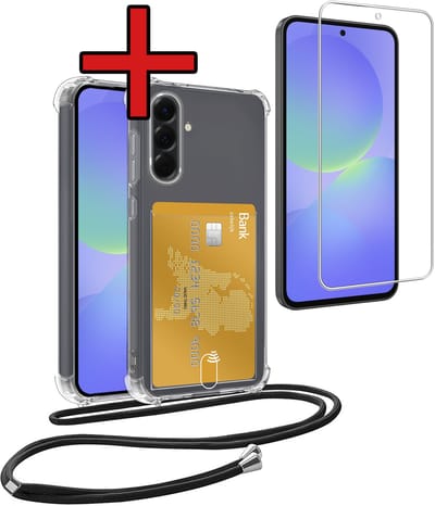 Hoesje Geschikt voor Samsung A36 Hoesje Met Telefoonkoord en Pasjeshouder Met Screenprotector Siliconen - Hoes Geschikt voor Samsung Galaxy A36 Hoesje Met Kaarthouder Shock Proof Case - Transparant