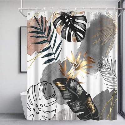 Douchegordijn, 180 x 200 cm, schimmelwerend, boho-stijl, grijs, tropische palmbladeren, jungle, douchegordijnen, stof, wasbaar, waterdicht, polyester, badgordijn met 12 haken, voor badkamer