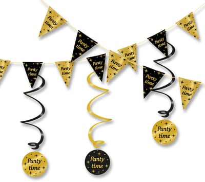 LUQ – Chic Set Party Time – Zwart-Goud – Verjaardag Party Feestpakket Decor – Luxe Slinger Vlaggenlijn – Direct Ophangen