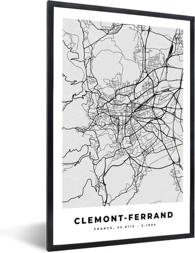 Fotolijst incl. Poster - Frankrijk - Clemont-Ferrand - Stadskaart - Plattegrond - Kaart - 40x60 cm - Posterlijst
