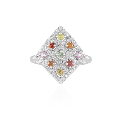 Cavill - Zilveren Ring 925 Geplatineerd - 9 Madagaskar Saffieren 0,493 ct & 68 Zirkonia 0,646 ct - Elegant Rond Design Damesring
