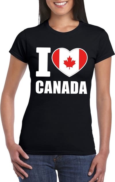 Canada supporters kleding t-shirt - voor dames - zwart - met vlag kleuren print - korte mouwen S