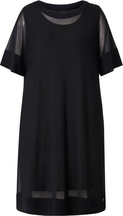 Ulla Popken - Dames - Slinky jurk mesh-overjurk ronde hals 3/4-mouwen - Zwart - Maat 42+