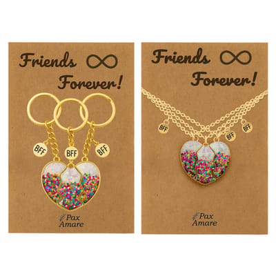 BFF Ketting + Sleutelhanger voor 3 ' Friends Forever' - Magnetisch Glitter Hartje - Bundel op Cadeau Kaartje - Goudkleurig - Vriendschap Symbool - Pax Amare