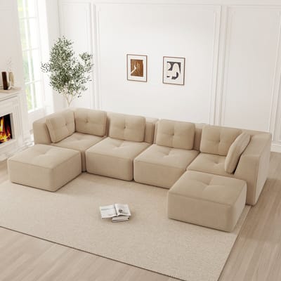 MODENUIT Hoekbank - Modulaire U-Bank Met Ottomaan - Diepe Zitting Zonder Montage - Voor Woonkamer - Cord Beige