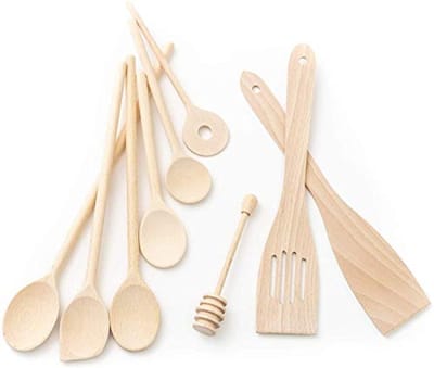 9-delige Keukengereedschapset Hout Beuk - 6 Kooklepels (18-35 cm), 2 Spatels, Honinglepel
