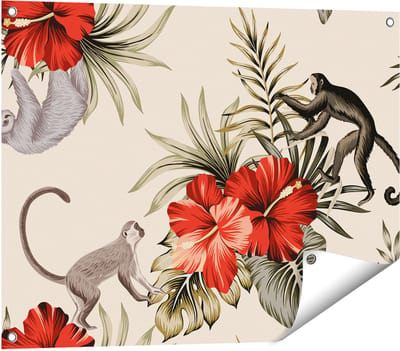 Gards Tuinposter Tropische Bloemen met Apen Achtergrond - 80x60 cm - Tuindoek - Tuindecoratie - Wanddecoratie buiten - Tuinschilderij