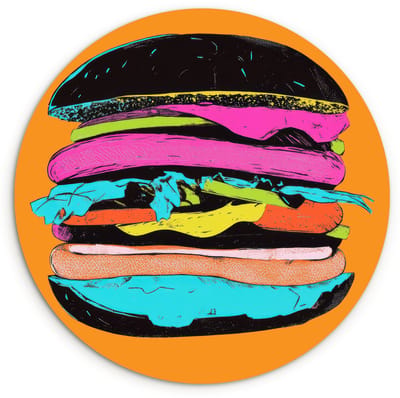 WallCircle® Wandcirkel 120x120 cm - Muurcirkel Hamburger - Kleurrijk - Speels - Muurdecoratie woonkamer - Wanddecoratie slaapkamer - Kamer decoratie accessoires - Ronde schilderijen XXL