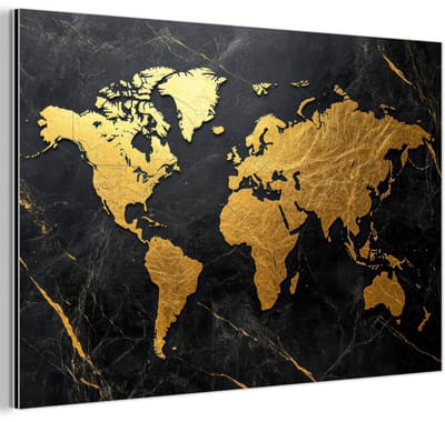 Aluminium schilderij 180x120 cm - Wanddecoratie metaal - Wereldkaart - Goud - Marmer - Metalen muurdecoratie woonkamer - Decoratie industrieel - Foto op dibond - Industriële accessoires slaapkamer
