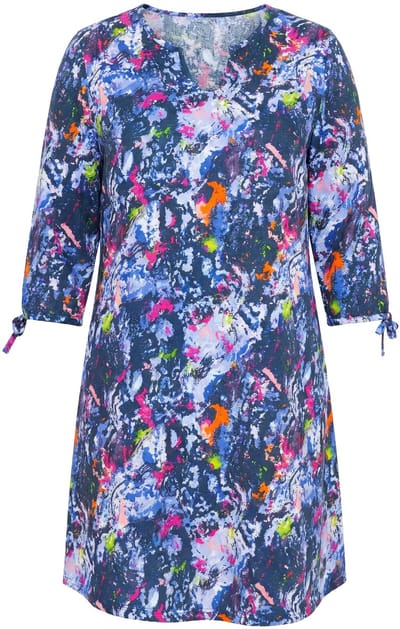 Ulla Popken - Dames - Jersey jurk A-lijn tuniekhals 3/4-mouwen - Inktblauw - Maat 42+