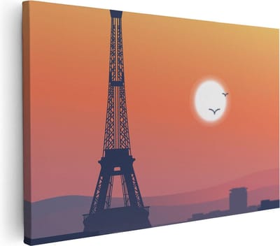 Artaza Canvas Schilderij Parijs - 30x20 cm - Klein - Wanddecoratie Eiffeltoren - Muurdecoratie Zon - Kamer Accessoires Frankrijk