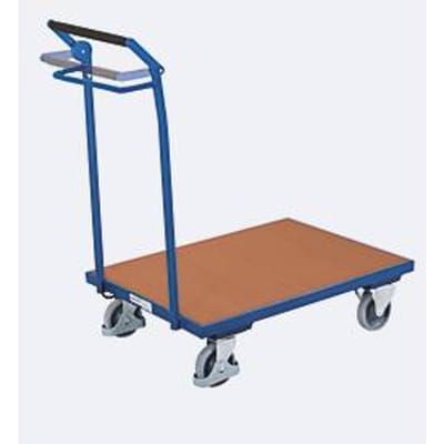 Duwbeugelwagen, staal/MDF-plaat, decor gentiaanblauw/beuken, L 800 x B 600 mm, duwbeugel van buis, TPE-wielen met dodemansrem, tot 250 kg