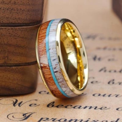 Mode Heren RVS Ringen Rood Koa Hout Inleg Hoogglans Gepolijst Trouwring Ring voor Mannen Vrouwen Jubileum Sieraden 12 brown