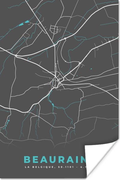 Poster Kaart – Plattegrond – Stadskaart – Beauraing – België – Grijs - 120x180 cm XXL