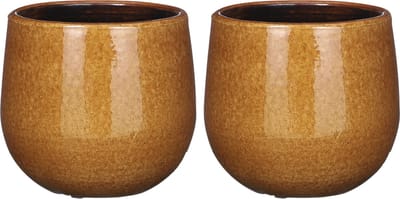 2x stuks mica decorations plantenpot/bloempot - keramiek - okergeel glans/spotted- d14/h12 cm